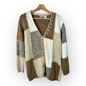 Katherine Bishop Medium Patchwork Knit Cardigan Wool Cottagecore Boho Country